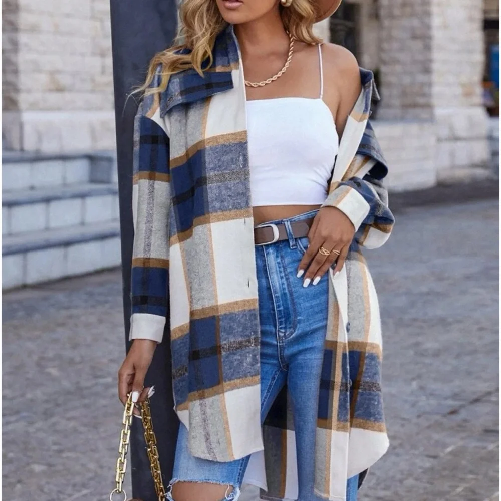 Classic Elegant Plaid Button Up Drop Shoulder  Shirt Top - Picture 5 of 6